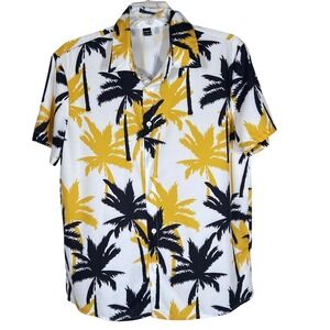 Manfinity Mens Large Palm Tree Print Short Sleeve Button Up Shirt Yellow White